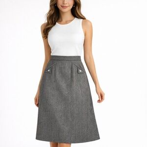 Austin Hill Vintage Herringbone Wool Midi Skirt Grey Black A-Line Lined Size 8